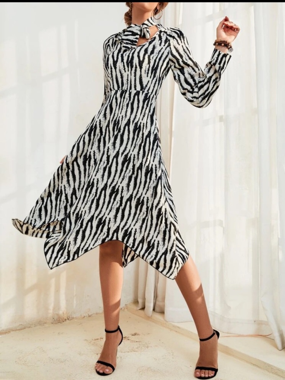 Zebra Print Tie-Neck Midi Dress - Black & White